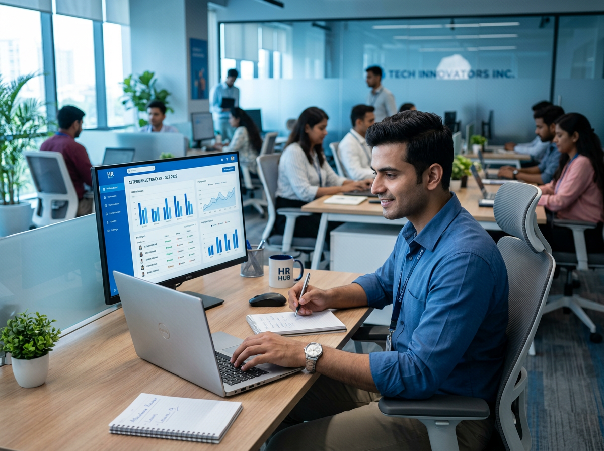 HR manager reviewing an employee directory and attendance dashboard